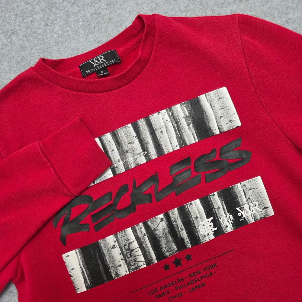 Young & Reckless Men Small Red Graphic Crewneck Sweatshirt Streetwear Birch Tree